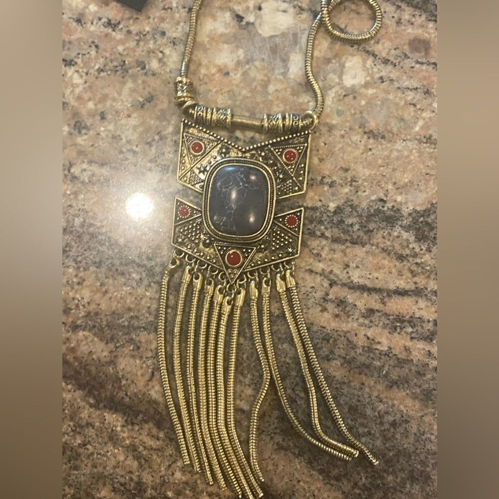 Boho stone pendant long necklace gold